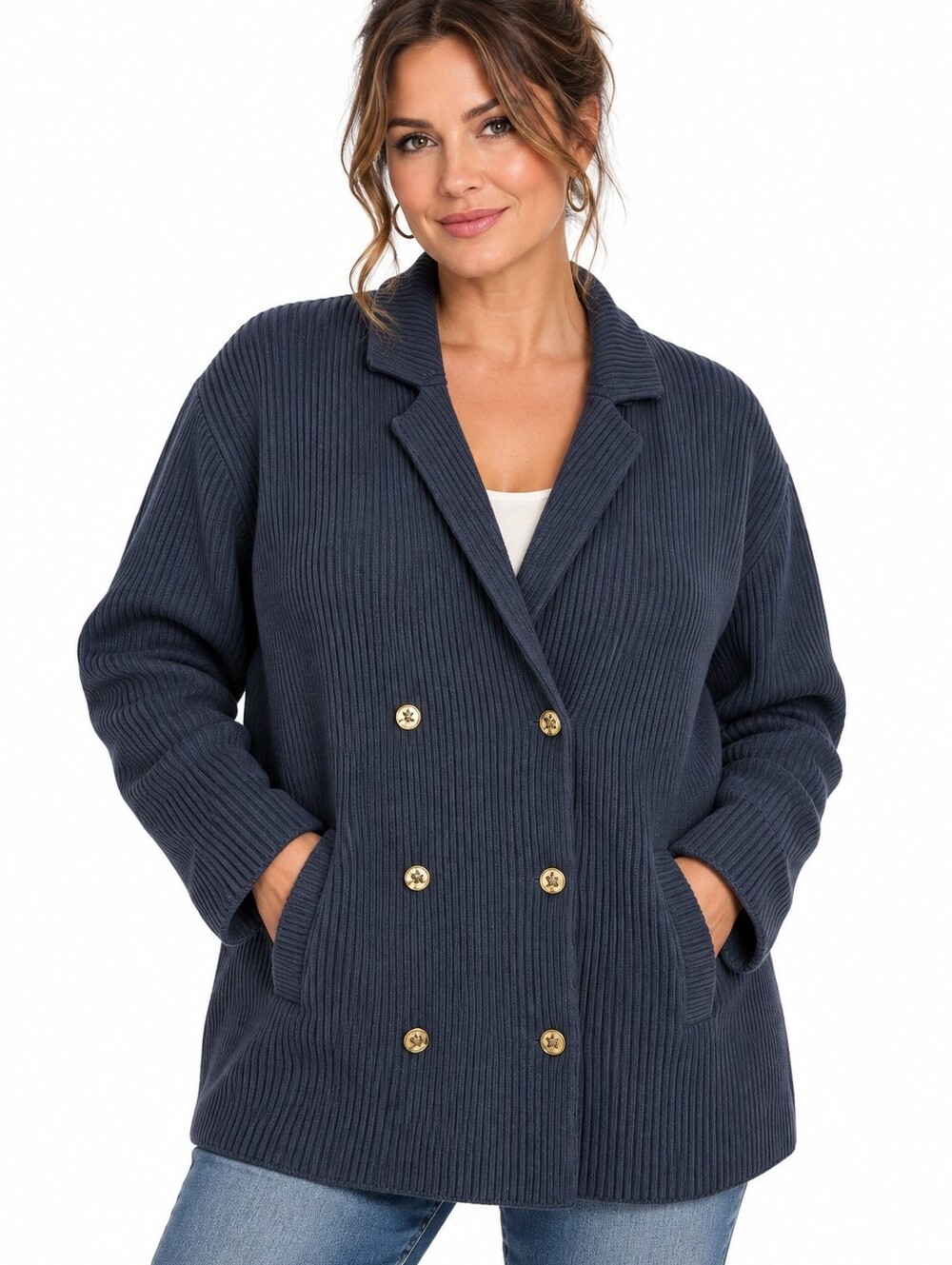 Lauren Ralph Lauren Navy Ribbed Cotton Double Breasted Sweater Blazer 3X EUC